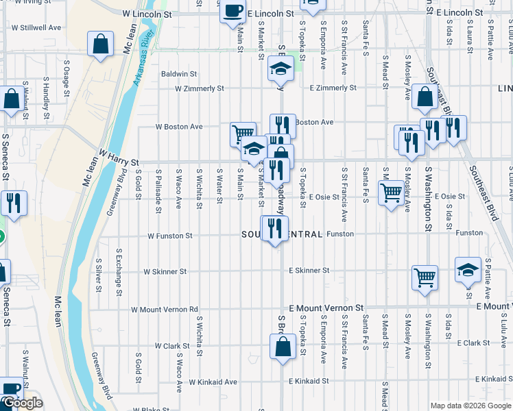 map of restaurants, bars, coffee shops, grocery stores, and more near 1714 S Market St in Wichita