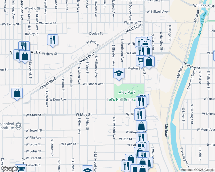 map of restaurants, bars, coffee shops, grocery stores, and more near 1805 South Fern Street in Wichita