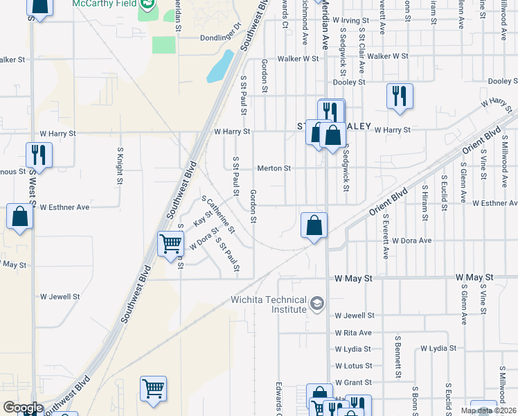 map of restaurants, bars, coffee shops, grocery stores, and more near 1800 South Gordon Street in Wichita