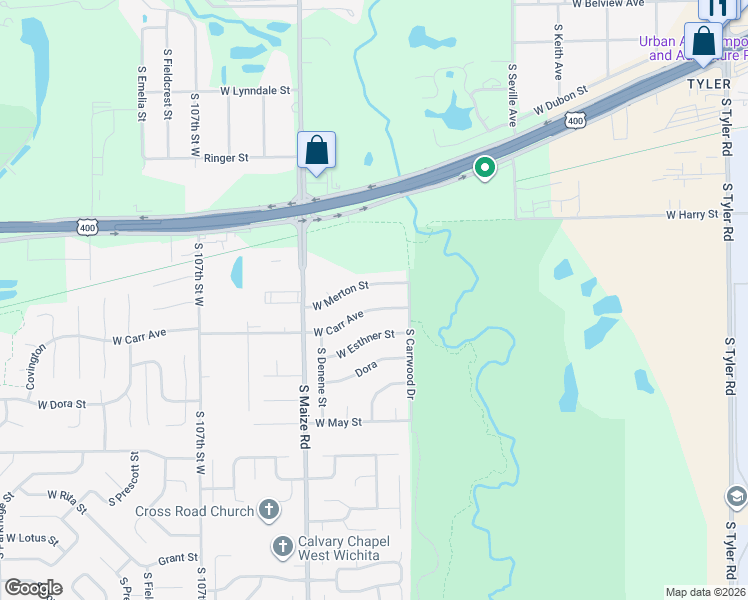map of restaurants, bars, coffee shops, grocery stores, and more near 10124 West Carr Avenue in Wichita