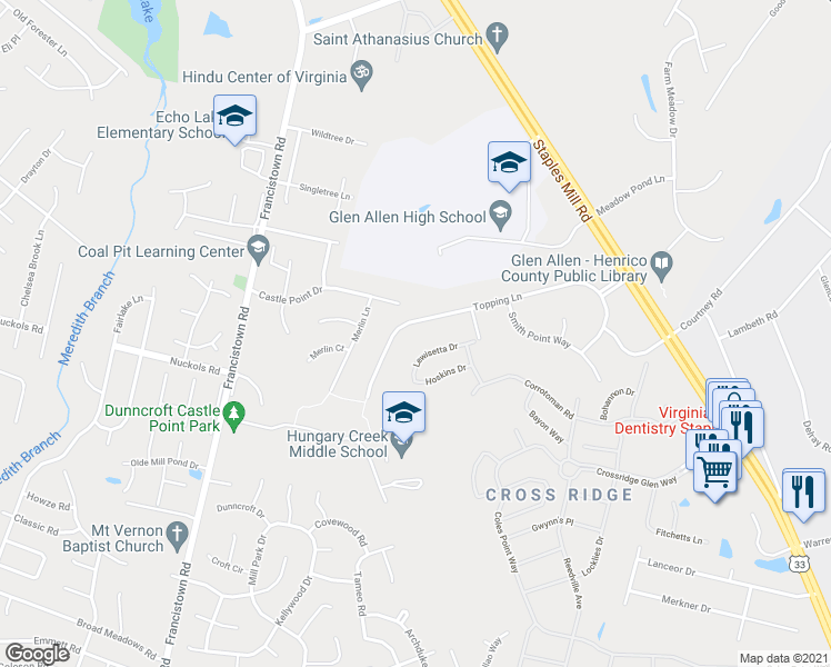 map of restaurants, bars, coffee shops, grocery stores, and more near 5001 Topping Lane in Glen Allen