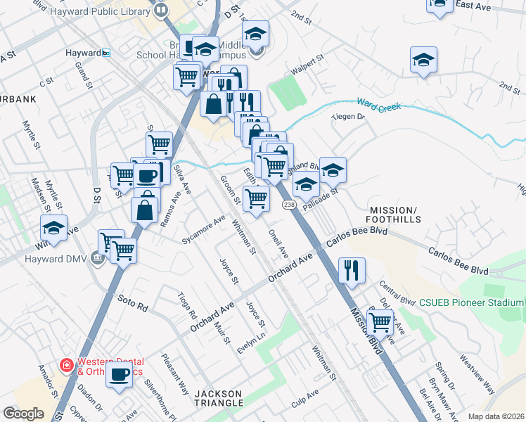 map of restaurants, bars, coffee shops, grocery stores, and more near 24576 Oneil Avenue in Hayward