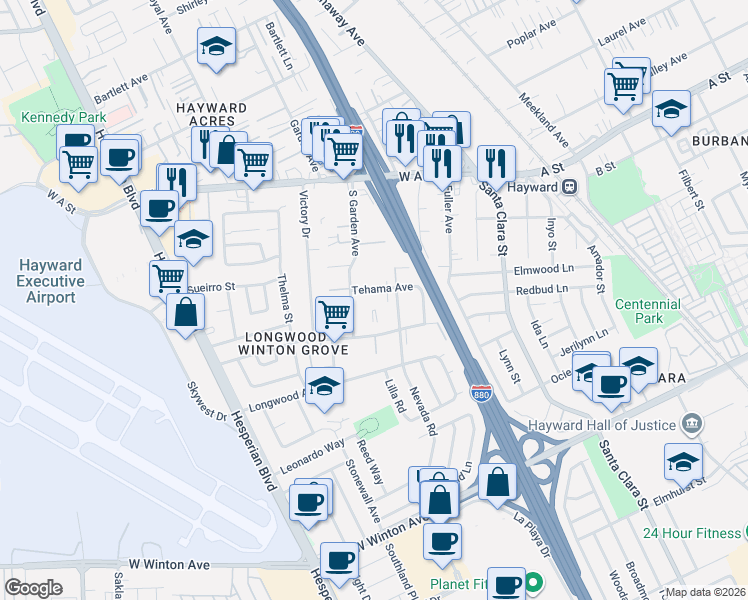 map of restaurants, bars, coffee shops, grocery stores, and more near 688 Tehama Avenue in Hayward