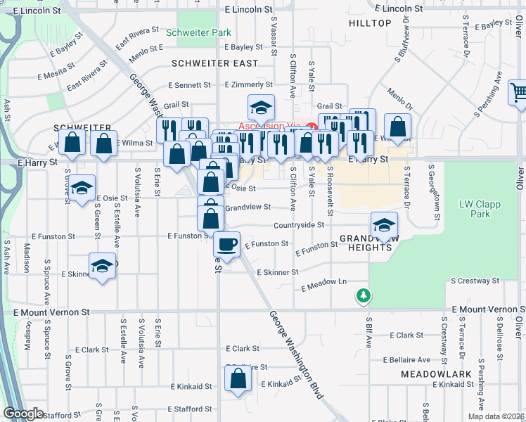 map of restaurants, bars, coffee shops, grocery stores, and more near 3405 Grandview Street in Wichita