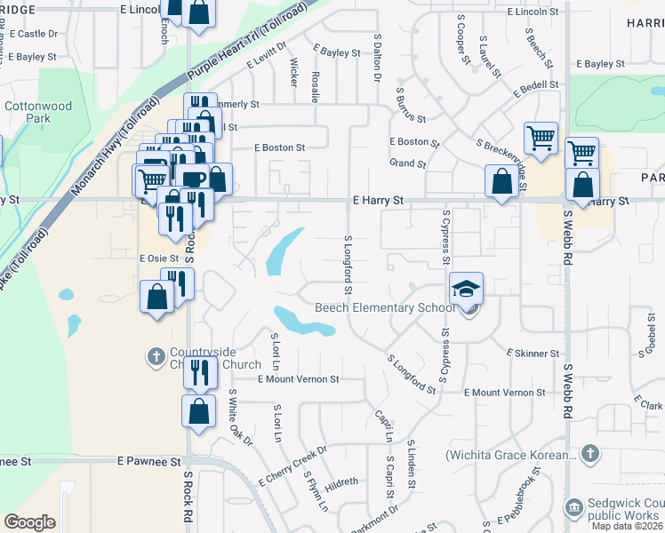 map of restaurants, bars, coffee shops, grocery stores, and more near 8601 East Arthur Circle in Wichita