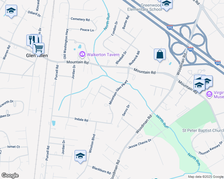 map of restaurants, bars, coffee shops, grocery stores, and more near 2708 Park Green Way in Glen Allen