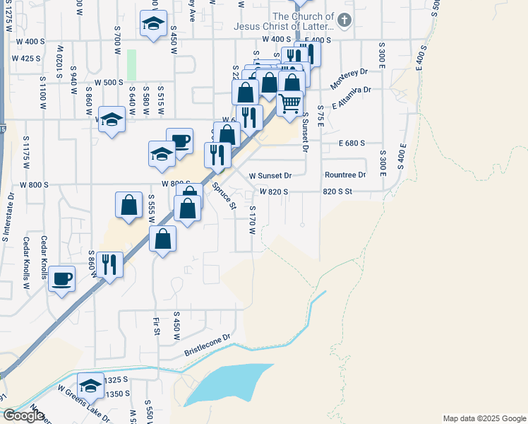 map of restaurants, bars, coffee shops, grocery stores, and more near 885 South 170 West in Cedar City