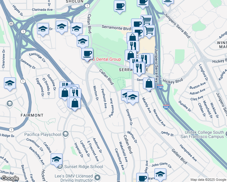 map of restaurants, bars, coffee shops, grocery stores, and more near 104 Wembley Dr in Daly City