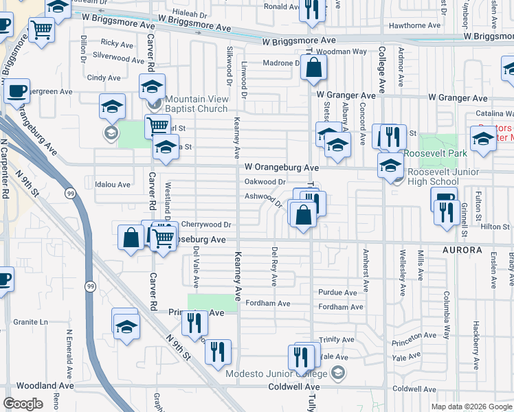 map of restaurants, bars, coffee shops, grocery stores, and more near 1401 Maplewood Drive in Modesto