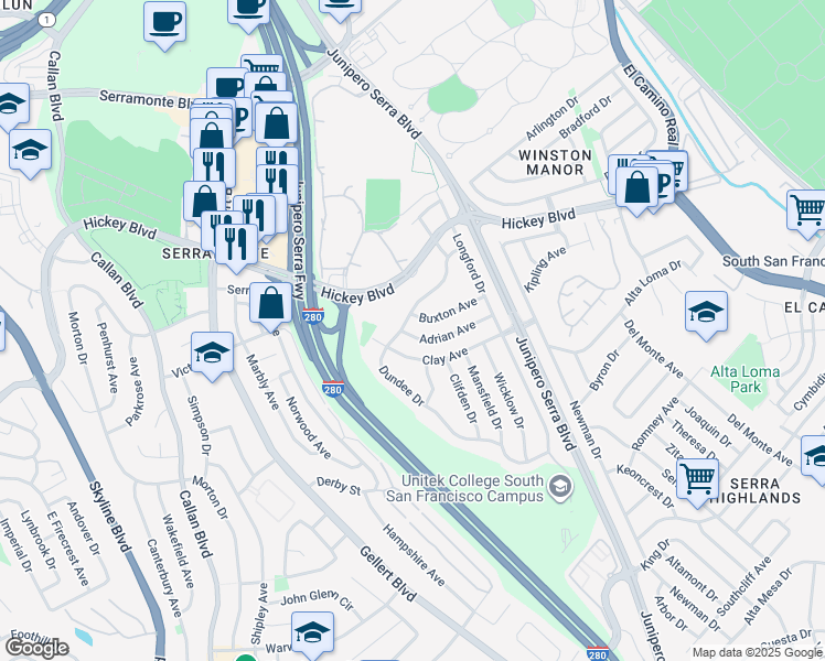 map of restaurants, bars, coffee shops, grocery stores, and more near 138 Adrian Ave in South San Francisco
