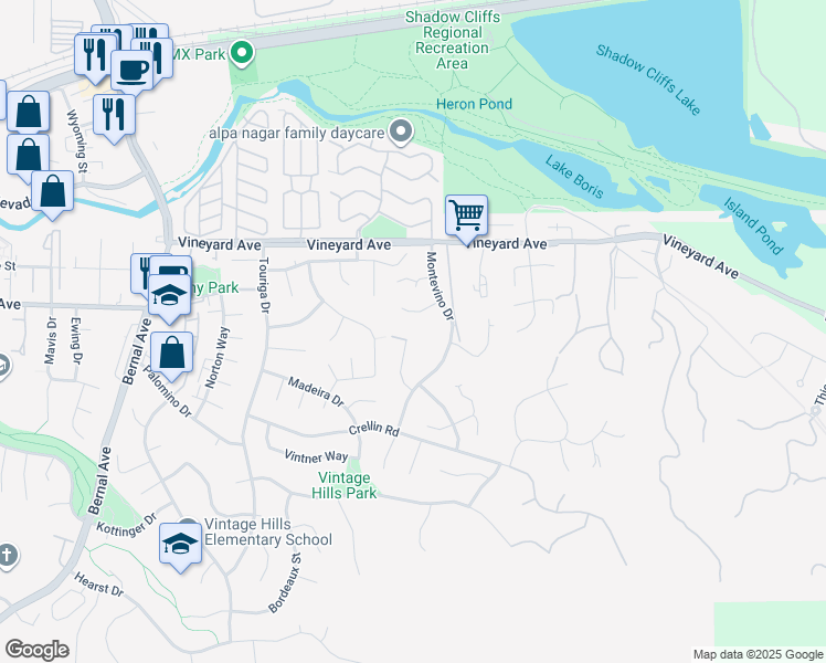 map of restaurants, bars, coffee shops, grocery stores, and more near 2985 Amoroso Court in Pleasanton