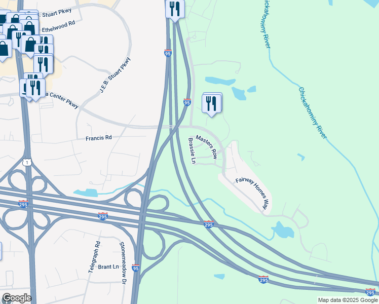 map of restaurants, bars, coffee shops, grocery stores, and more near 801 Brassie Lane in Glen Allen