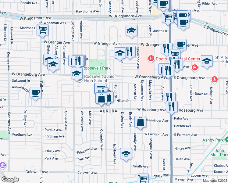 map of restaurants, bars, coffee shops, grocery stores, and more near 1241 Fulton Street in Modesto
