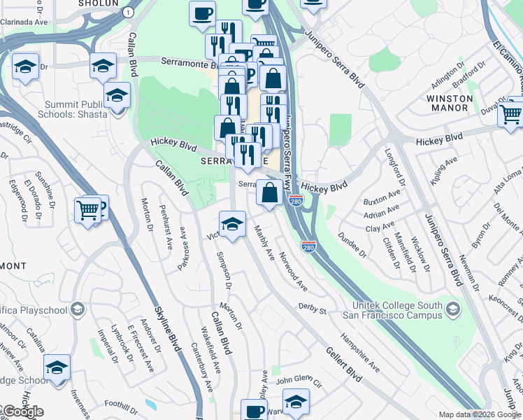map of restaurants, bars, coffee shops, grocery stores, and more near 16 Victoria Street in Daly City