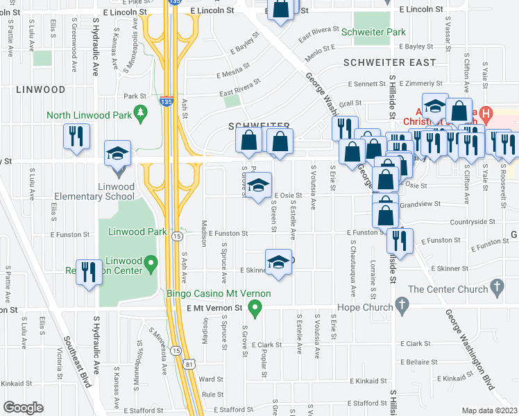 map of restaurants, bars, coffee shops, grocery stores, and more near 2515 East Osie Street in Wichita