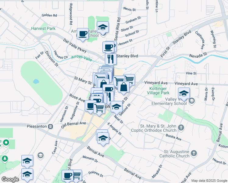 map of restaurants, bars, coffee shops, grocery stores, and more near 4319A Railroad Avenue in Pleasanton