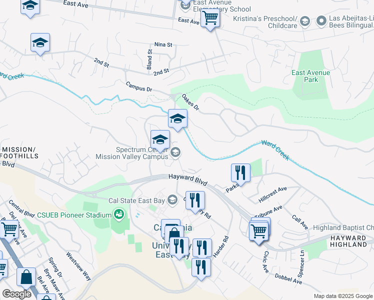 map of restaurants, bars, coffee shops, grocery stores, and more near 25700 University Court in Hayward