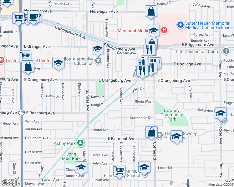 map of restaurants, bars, coffee shops, grocery stores, and more near 1012 Badgley Drive in Modesto