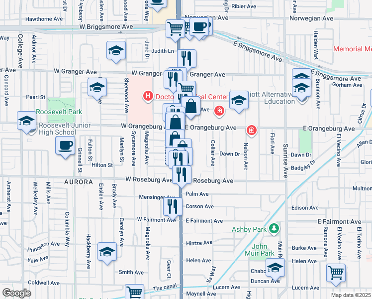 map of restaurants, bars, coffee shops, grocery stores, and more near 1300 McHenry Avenue in Modesto