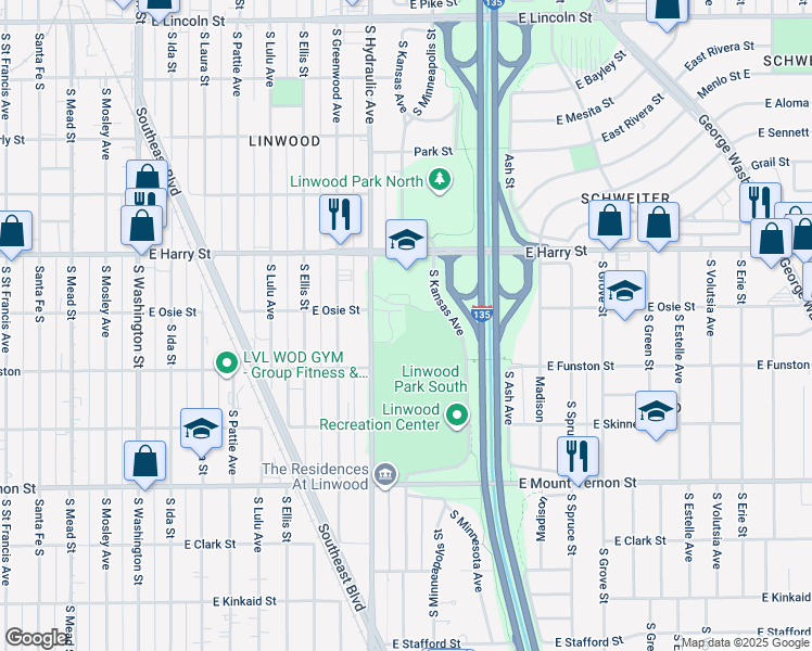 map of restaurants, bars, coffee shops, grocery stores, and more near 1700 South Hydraulic Avenue in Wichita