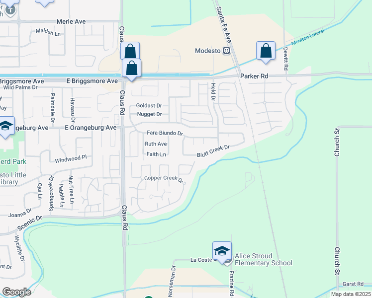 map of restaurants, bars, coffee shops, grocery stores, and more near 1212 Winford Street in Modesto
