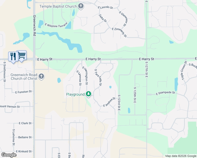 map of restaurants, bars, coffee shops, grocery stores, and more near 1711 Tara Falls Street in Wichita