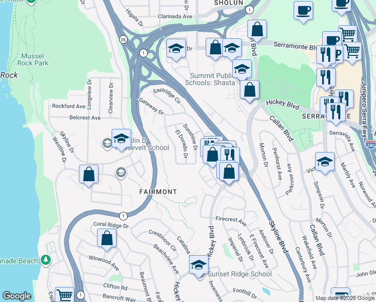 map of restaurants, bars, coffee shops, grocery stores, and more near 265 El Dorado Drive in Pacifica