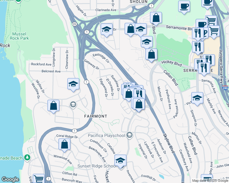 map of restaurants, bars, coffee shops, grocery stores, and more near 265 El Dorado Drive in Pacifica