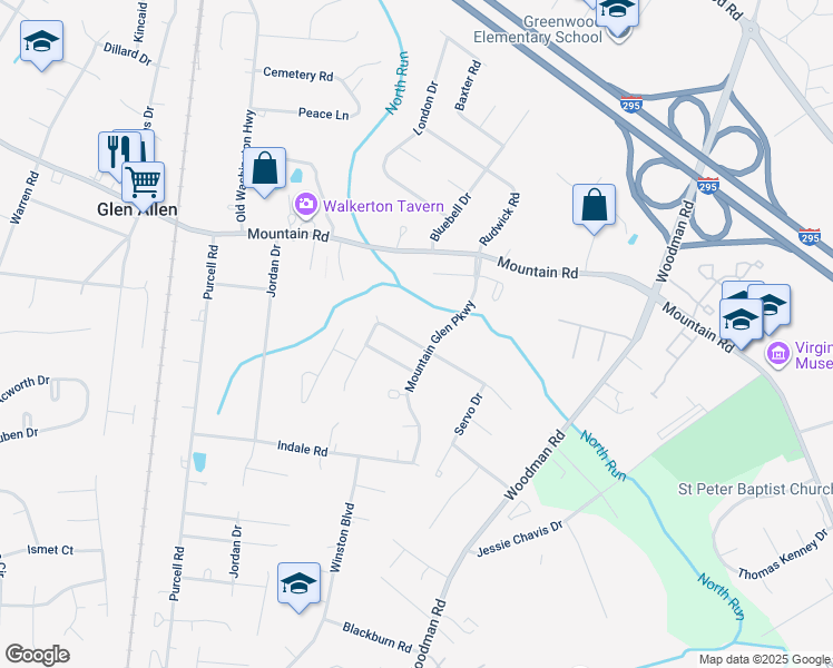 map of restaurants, bars, coffee shops, grocery stores, and more near 2708 Park Green Way in Glen Allen