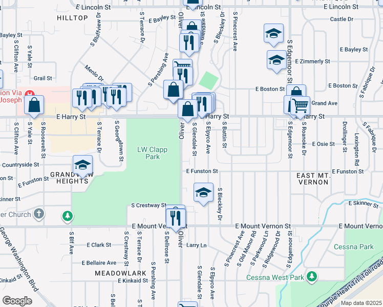 map of restaurants, bars, coffee shops, grocery stores, and more near 1671 South Glendale Street in Wichita