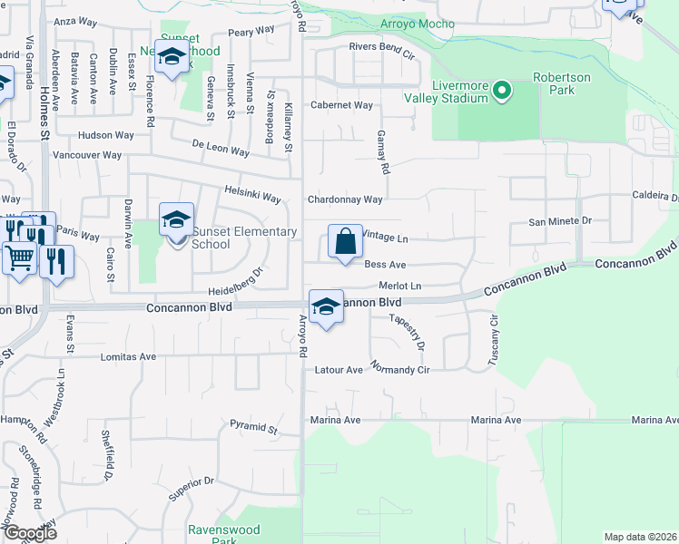 map of restaurants, bars, coffee shops, grocery stores, and more near 2100 Arroyo Road in Livermore