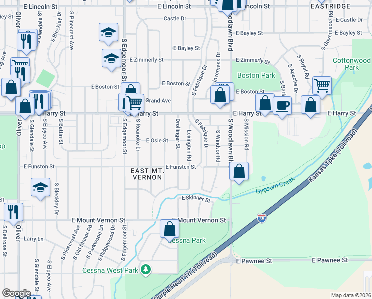 map of restaurants, bars, coffee shops, grocery stores, and more near 1721 South Lexington Road in Wichita
