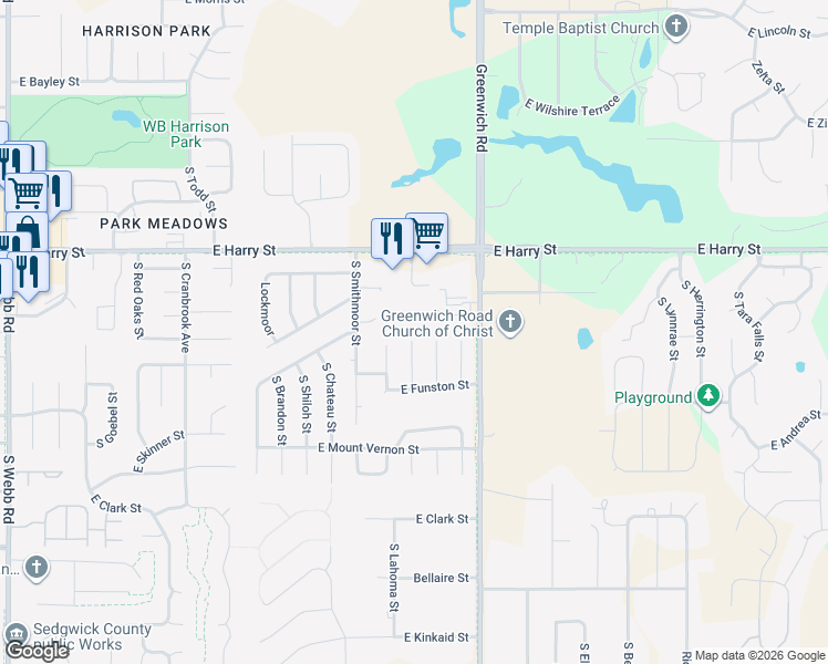 map of restaurants, bars, coffee shops, grocery stores, and more near 1702 South Christopher Circle in Wichita