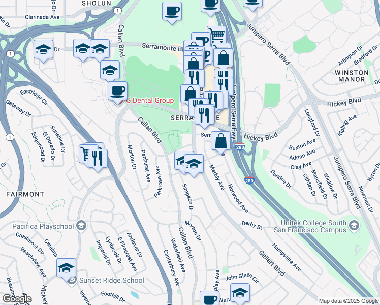 map of restaurants, bars, coffee shops, grocery stores, and more near 491 Gellert Boulevard in Daly City