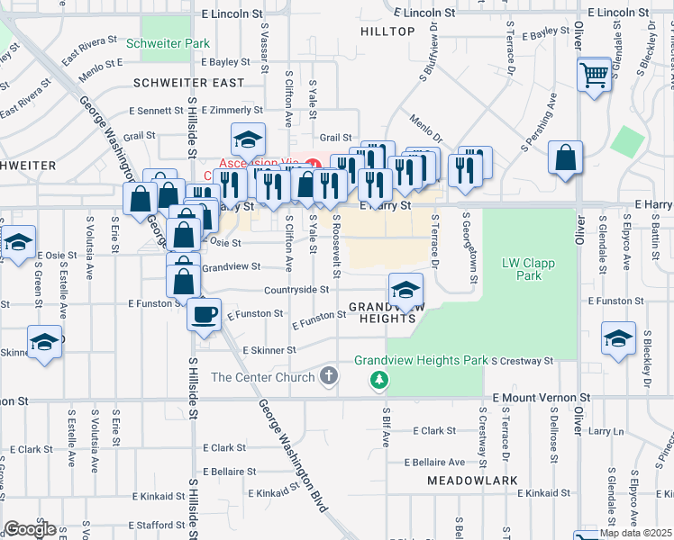 map of restaurants, bars, coffee shops, grocery stores, and more near 1734 South Roosevelt Street in Wichita