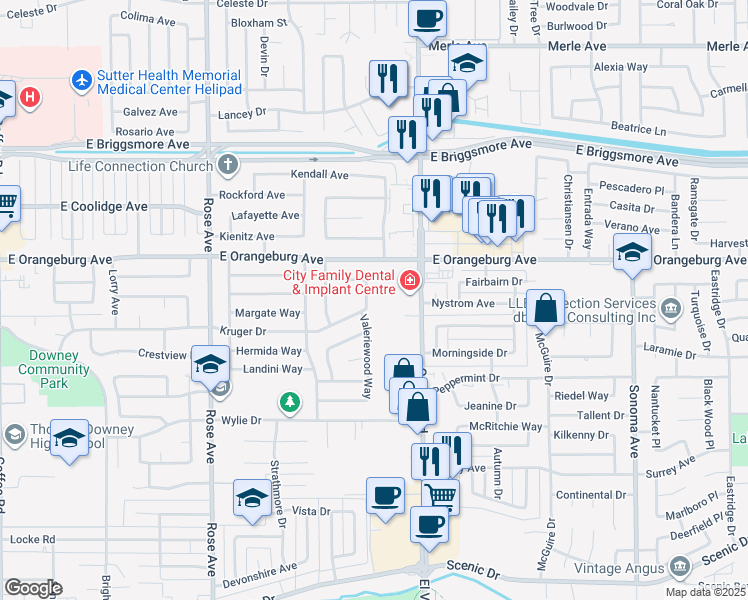 map of restaurants, bars, coffee shops, grocery stores, and more near 1312 Wylmawood Lane in Modesto