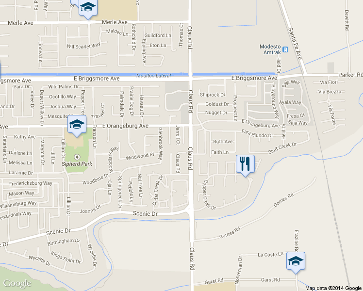 map of restaurants, bars, coffee shops, grocery stores, and more near 1120 Cedar Creek Court in Modesto