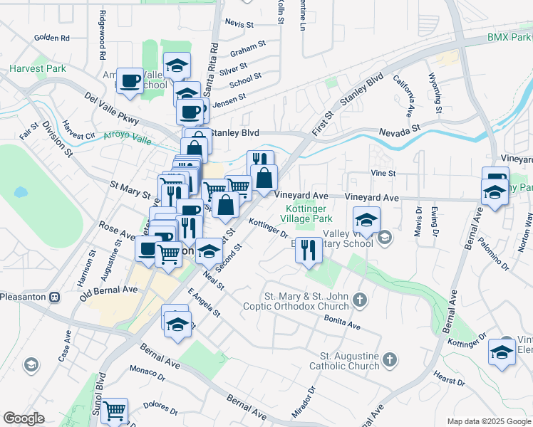map of restaurants, bars, coffee shops, grocery stores, and more near 240 Kottinger Drive in Pleasanton