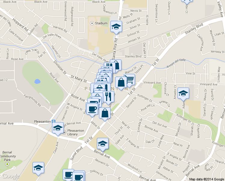 map of restaurants, bars, coffee shops, grocery stores, and more near 4319A Railroad Avenue in Pleasanton