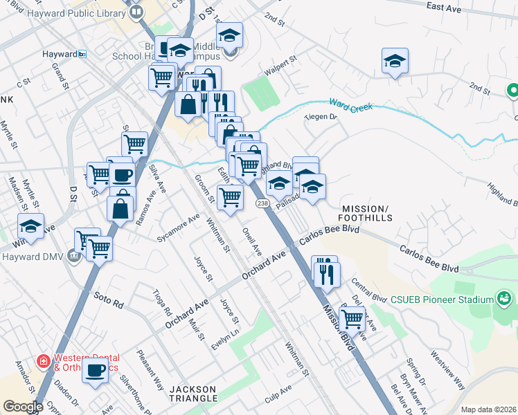 map of restaurants, bars, coffee shops, grocery stores, and more near 24659 Mission Boulevard in Hayward