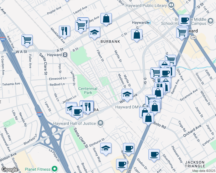 map of restaurants, bars, coffee shops, grocery stores, and more near 2252 Morrow Street in Hayward