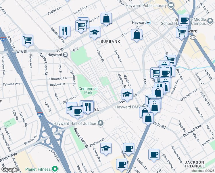 map of restaurants, bars, coffee shops, grocery stores, and more near 2252 Morrow Street in Hayward
