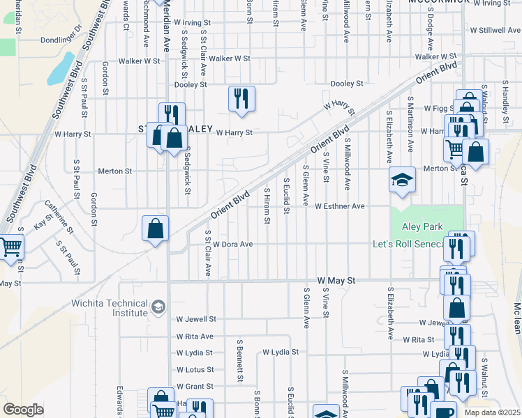map of restaurants, bars, coffee shops, grocery stores, and more near 1805 South Hiram Street in Wichita