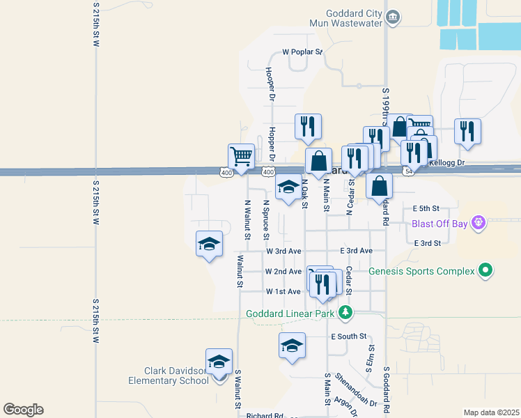 map of restaurants, bars, coffee shops, grocery stores, and more near 600 North Walnut Street in Goddard