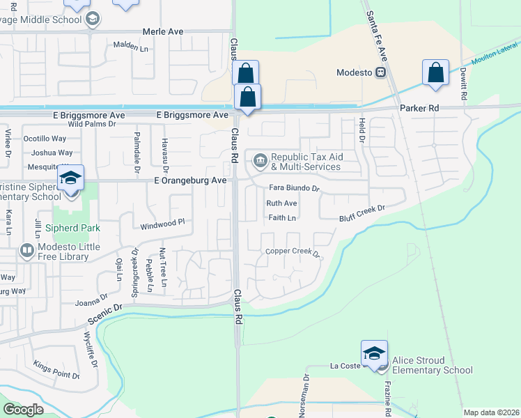 map of restaurants, bars, coffee shops, grocery stores, and more near 4000 Fara Biundo Drive in Modesto