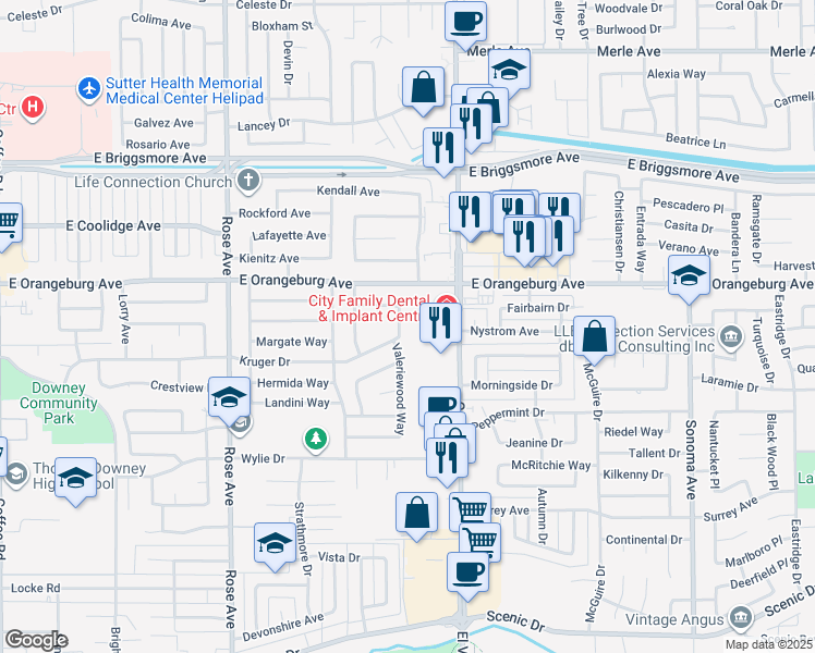 map of restaurants, bars, coffee shops, grocery stores, and more near 1312 Wylmawood Lane in Modesto