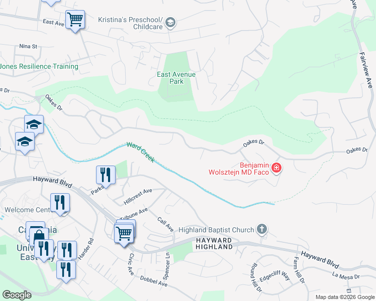 map of restaurants, bars, coffee shops, grocery stores, and more near 3425 Oakes Drive in Hayward