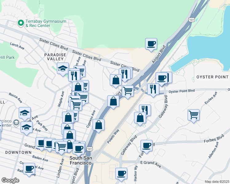 map of restaurants, bars, coffee shops, grocery stores, and more near 943 Airport Boulevard in South San Francisco