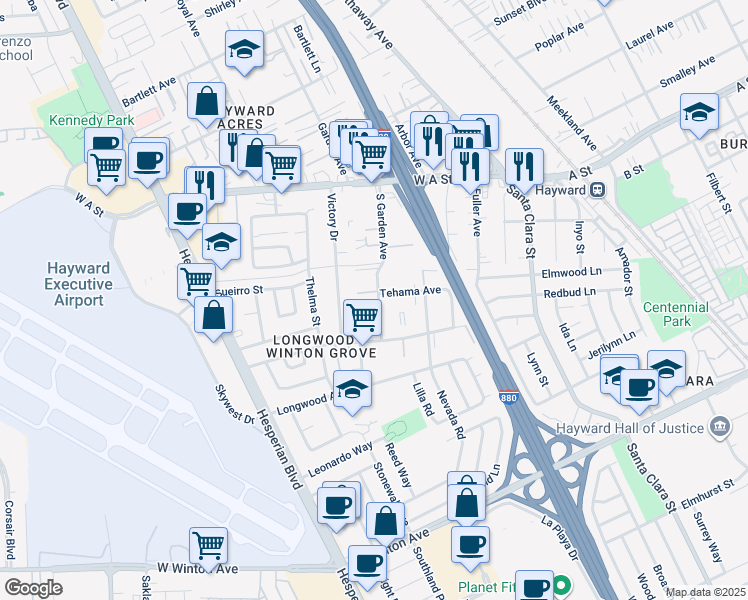 map of restaurants, bars, coffee shops, grocery stores, and more near 22409 South Garden Avenue in Hayward