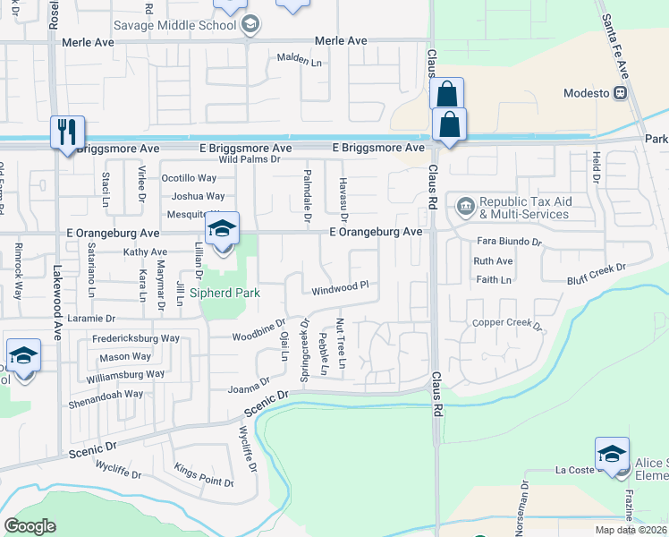 map of restaurants, bars, coffee shops, grocery stores, and more near 1309 Broughton Place in Modesto